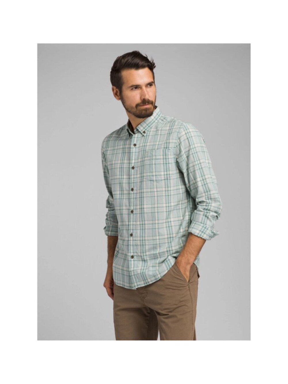 prAna Mikael Shirt Men's L Plaid Agave Teal Green Button Down Slim Fit Organic